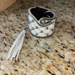 Elegant Silver and White Leather Tassel Bracelet
